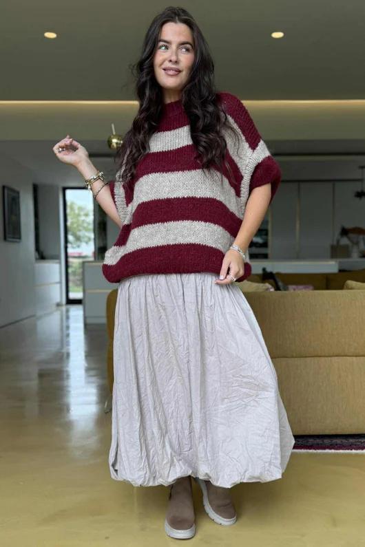  Big Softie Block Stripe Cap Sleeve Knit Top Burgundy /15=